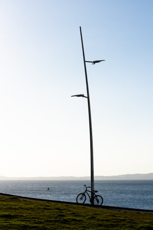 A bicycle parked against a lamppost against the sea in the background. Bay of All Saintsの写真素材