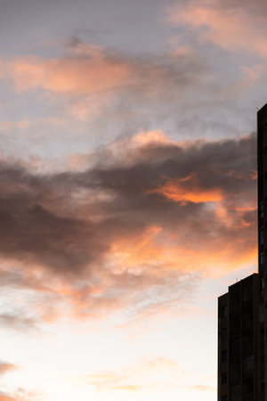 Silhouette of a building against the orange sunset in the background. Salvador, Brazil.の写真素材