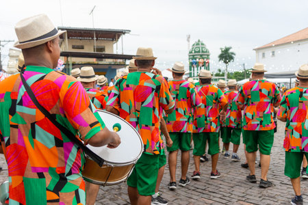 Maragogipe, Bahia, Brazil - February 11, 2024: Group of men are seen playing musical instruments during the carnival in the city of Maragogipe in Bahia.のeditorial素材