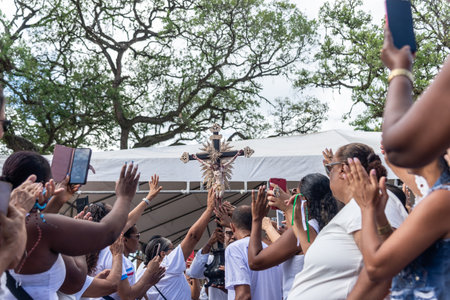 Salvador, Bahia, Brazil - December 29, 2023: Catholic faithful are seen during mass at the Senhor do Bonfim church, in the city of Salvador, Bahia.のeditorial素材