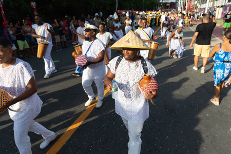 Salvador, Bahia, Brazil - February 03, 2024: Percussion musical group is seen performing during Fuzue, pre-carnival in the city of Salvador, Bahia.のeditorial素材