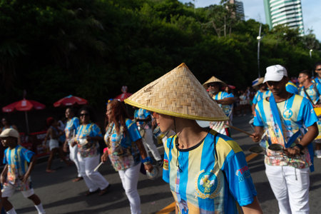 Salvador, Bahia, Brazil - February 03, 2024: Cultural group from Bahia is seen parading during Fuzue, pre-carnival in the city of Salvador, Bahia.のeditorial素材