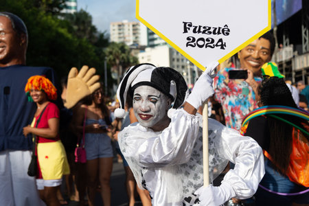 Salvador, Bahia, Brazil - February 03, 2024: Cultural group from Bahia is seen parading during Fuzue, pre-carnival in the city of Salvador, Bahia.のeditorial素材
