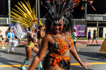 Salvador, Bahia, Brazil - February 03, 2024: Members of a cultural group are seen parading during Fuzue, pre-carnival in the city of Salvador, Bahia.のeditorial素材