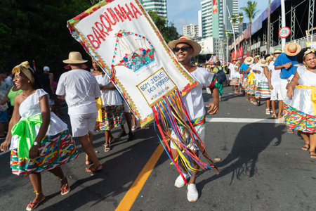 Salvador, Bahia, Brazil - February 03, 2024: Cultural group from Bahia is seen parading during Fuzue, pre-carnival in the city of Salvador, Bahia.のeditorial素材
