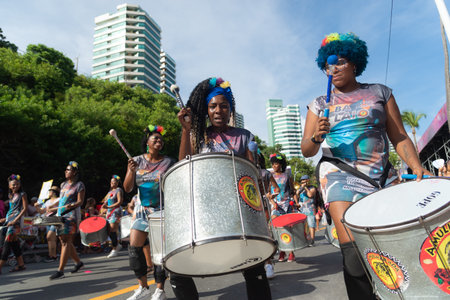 Salvador, Bahia, Brazil - February 03, 2024: Musicians from traditional groups perform musically during the Fuzue pre-carnival in the city of Salvador, Bahia.のeditorial素材