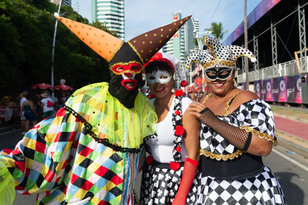 Salvador, Bahia, Brazil - February 03, 2024: Cultural group from Bahia is seen parading during Fuzue, pre-carnival in the city of Salvador, Bahia.のeditorial素材