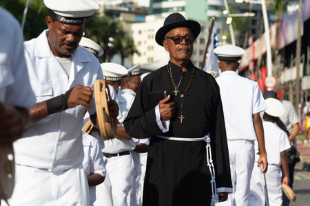 Salvador, Bahia, Brazil - February 03, 2024: Cultural group Fragata Brasileira is seen parading during Fuzue, pre-carnival in the city of Salvador, Bahia.のeditorial素材
