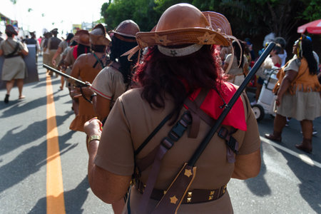 Salvador, Bahia, Brazil - February 03, 2024: Cultural group from Cangaceiros is seen parading at Fuzue, pre-carnival in the city of Salvador, Bahia.のeditorial素材