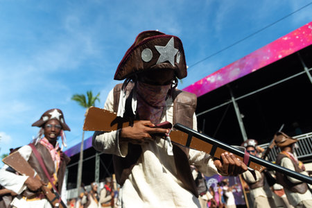 Salvador, Bahia, Brazil - February 03, 2024: People dressed as Cangaceiros are seen during a parade at Fuzue, pre-carnival in the city of Salvador, Bahia.のeditorial素材