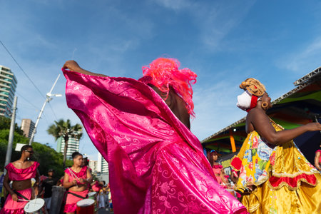 Salvador, Bahia, Brazil - February 03, 2024: Cultural groups are seen parading during Fuzue, pre-carnival in the city of Salvador, Bahia.のeditorial素材