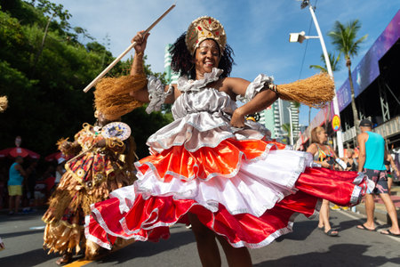 Salvador, Bahia, Brazil - February 03, 2024: Traditional cultural group is seen performing during the Fuzue pre-carnival parade in the city of Salvador, Bahia.のeditorial素材