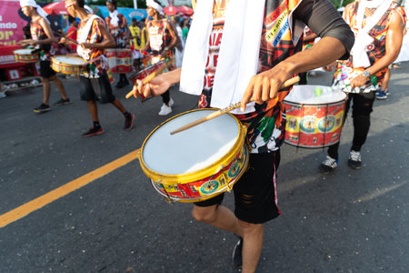 Salvador, Bahia, Brazil - February 03, 2024: Members of a percussion group are seen playing during Fuzue, pre-carnival in the city of Salvador, Bahia.のeditorial素材