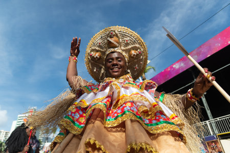 Salvador, Bahia, Brazil - February 03, 2024: Traditional cultural group is seen performing during the Fuzue pre-carnival parade in the city of Salvador, Bahia.のeditorial素材