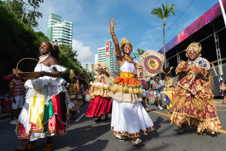 Salvador, Bahia, Brazil - February 03, 2024: Traditional cultural group is seen performing during the Fuzue pre-carnival parade in the city of Salvador, Bahia.のeditorial素材