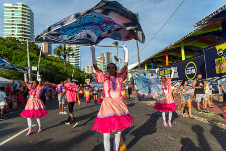 Salvador, Bahia, Brazil - February 03, 2024: Public school students in Bahia are seen parading during Fuzue, pre-carnival in the city of Salvador.のeditorial素材