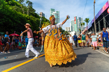 Salvador, Bahia, Brazil - February 03, 2024: Cultural group from Bahia is seen parading during Fuzue, pre-carnival in the city of Salvador, Bahia.のeditorial素材
