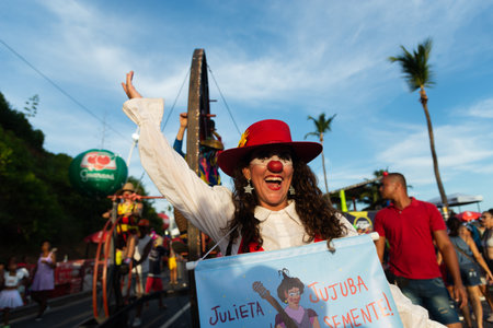 Salvador, Bahia, Brazil - February 03, 2024: People in costumes are seen parading and having fun during Fuzue, pre-carnival in the city of Salvador, Bahia.のeditorial素材