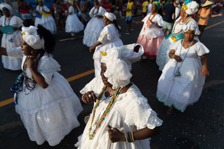 Salvador, Bahia, Brazil - February 03, 2024: Cultural groups are seen parading during Fuzue, pre-carnival in the city of Salvador, Bahia.のeditorial素材