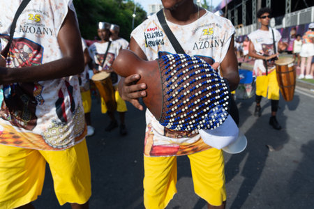Salvador, Bahia, Brazil - February 03, 2024: Members of a percussion group are seen playing during Fuzue, pre-carnival in the city of Salvador, Bahia.のeditorial素材