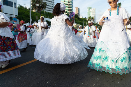 Salvador, Bahia, Brazil - February 03, 2024: Cultural groups are seen parading during Fuzue, pre-carnival in the city of Salvador, Bahia.のeditorial素材