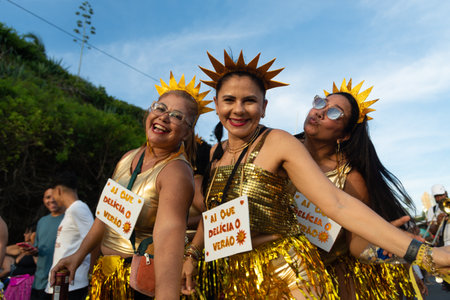 Salvador, Bahia, Brazil - February 03, 2024: People in costumes are seen parading and having fun during Fuzue, pre-carnival in the city of Salvador, Bahia.のeditorial素材