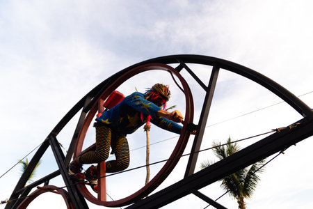 Salvador, Bahia, Brazil - February 03, 2024: Members of a circus group are seen performing during Fuzue, pre-carnival in the city of Salvador, Bahia.のeditorial素材