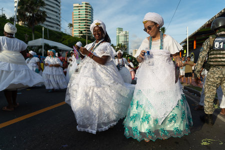 Salvador, Bahia, Brazil - February 03, 2024: Cultural groups are seen parading during Fuzue, pre-carnival in the city of Salvador, Bahia.のeditorial素材