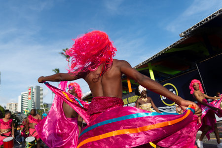 Salvador, Bahia, Brazil - February 03, 2024: Cultural groups are seen parading during Fuzue, pre-carnival in the city of Salvador, Bahia.のeditorial素材