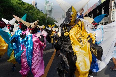 Salvador, Bahia, Brazil - February 03, 2024: People who are members of cultural groups are seen parading during Fuzue, pre-carnival in the city of Salvador, Bahia.のeditorial素材