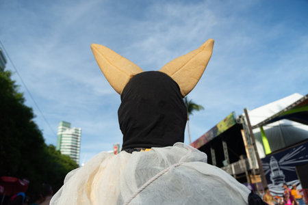 Salvador, Bahia, Brazil - February 03, 2024: People in costumes are seen parading and having fun...