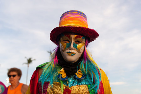 Salvador, Bahia, Brazil - February 03, 2024: People who are members of cultural groups are seen parading during Fuzue, pre-carnival in the city of Salvador, Bahia.のeditorial素材