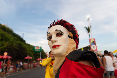 Salvador, Bahia, Brazil - February 03, 2024: People in costumes are seen parading and having fun during Fuzue, pre-carnival in the city of Salvador, Bahia.のeditorial素材