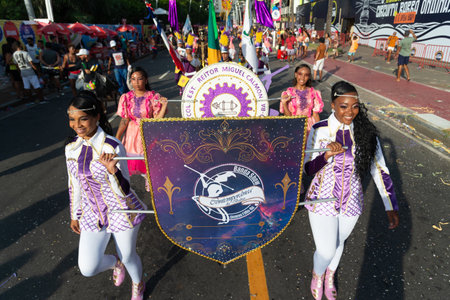 Salvador, Bahia, Brazil - February 03, 2024: Public school students perform during Fuzue, pre-carnival in the city of Salvador, Bahia.のeditorial素材
