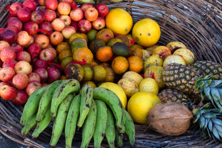 Fruits in a wooden basket. Healthy food.