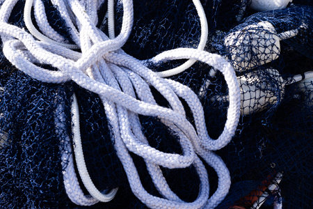 Professional fishing net rope stored. Fishing and leisure. Nautical equipment.の写真素材