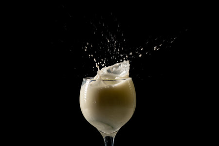 Splash in a glass cup with milk inside. Drops flying in different directions. Isolated on black background.の写真素材