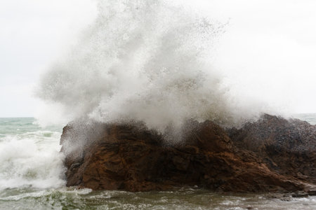 Waves hitting a sea rock with great force. winter storm.の写真素材