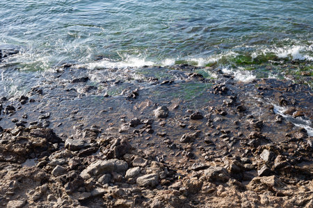 Dark sea rocks. Strong sunny day. Preserved nature.の写真素材