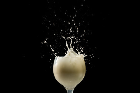 Splash in a glass cup with milk inside. Drops flying in different directions. Isolated on black background.の写真素材