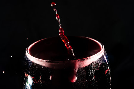 Close-up of the top of a clear glass goblet filled with wine with splashes of water. Splash Effect. Isolated on dark background.の写真素材
