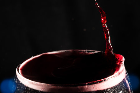 Close-up of the top of a clear glass goblet filled with wine with splashes of water. Splash Effect. Isolated on dark background.の写真素材