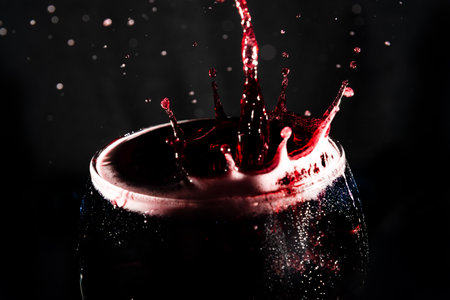 Close-up of the top of a clear glass goblet filled with wine with splashes of water. Splash Effect. Isolated on dark background.の写真素材