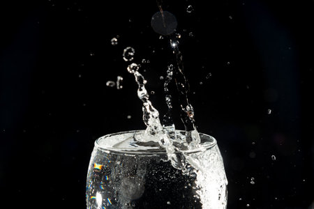 Close-up of a transparent glass cup with water inside and drops making a splash. Isolated on dark background.の写真素材
