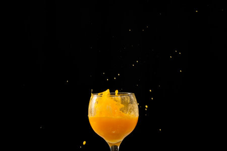 Splash in a glass goblet with orange juice inside. Isolated on black background.の写真素材