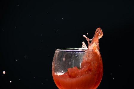 A glass cup with guava juice inside with splashes coming up.の写真素材