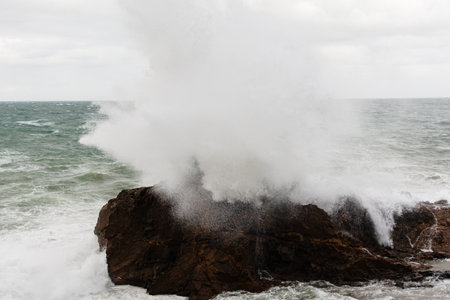 Sea waves crashing hard against a rock in winter. winter storm.の写真素材