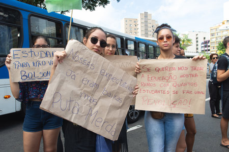 Salvador, Bahia, Brazil - August 13, 2019: Students are seen with posters during a demonstration in...