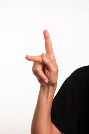 Close-up of a hand making the letter K in the sign language for the deaf in Brazil, Libras. Isolated on white background.の写真素材