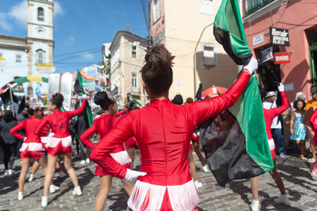 Salvador, Bahia, Brazil - July 02, 2024: Public school students are seen performing during the Dois de Julho celebration in Pelourinho, in the city of Salvador, Bahia.のeditorial素材